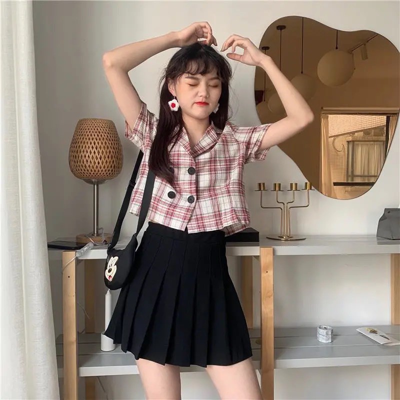 Áo sơ mi cổ vest dáng croptop kẻ sọc to cúc kép siêu xinh phong cách Ulzzang, hàng Quảng Châu - 802