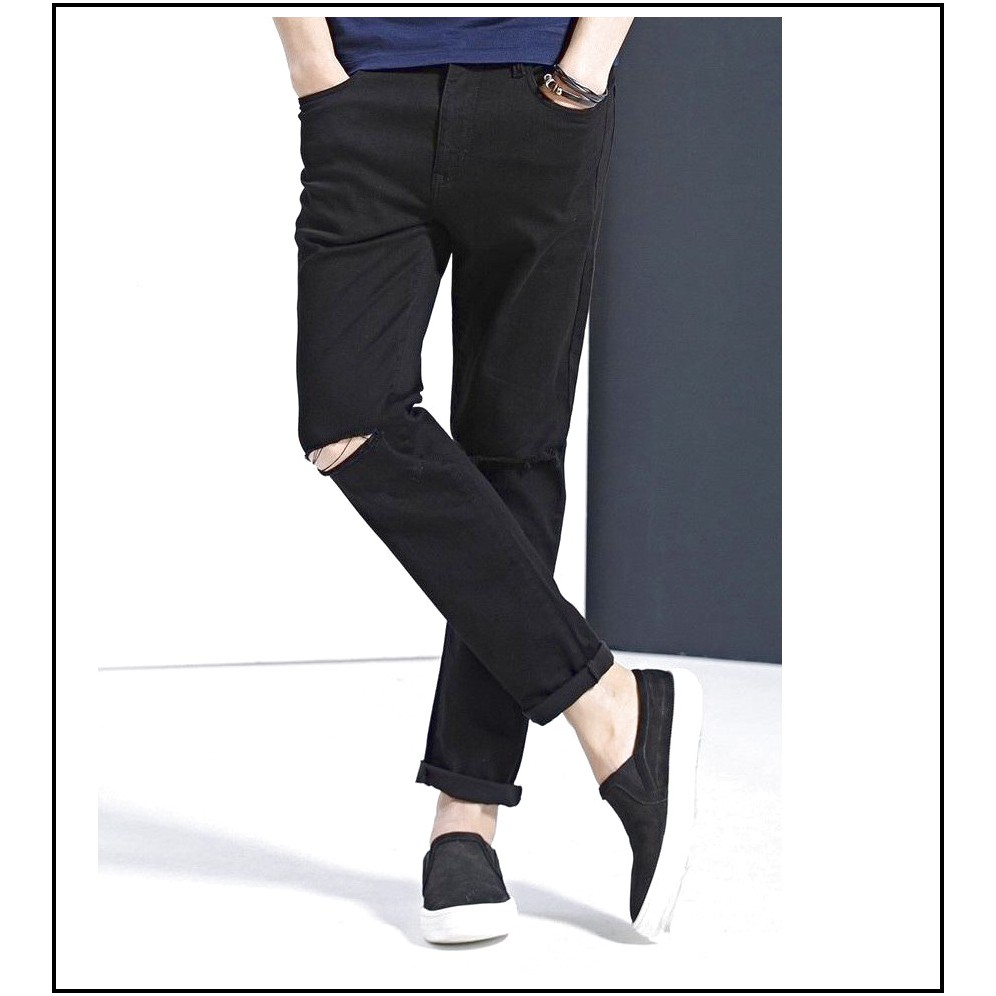 quần jean nam ĐEN RÁCH GỐI chất jean giãn tốt ĐR.01 -1
