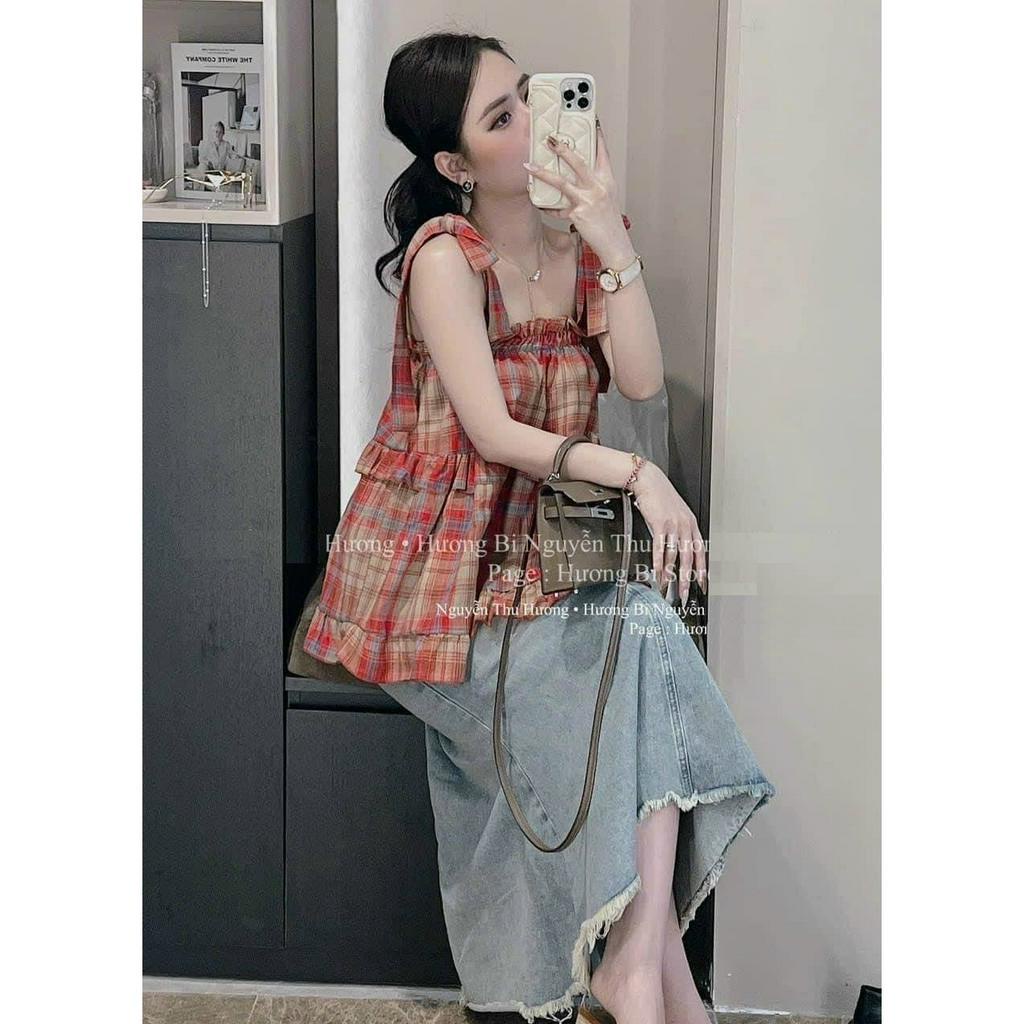 Áo bầu 2 dây, họa tiết kẻ caro hiện đại, trẻ trung, freesize cho mẹ bầu dưới 65kg