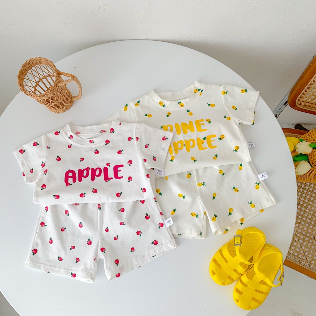 Bộ Áo Liền Quần 100% Cotton Tay Ngắn In Họa Tiết Trái Cây Dễ Thương Cho Bé Sơ Sinh