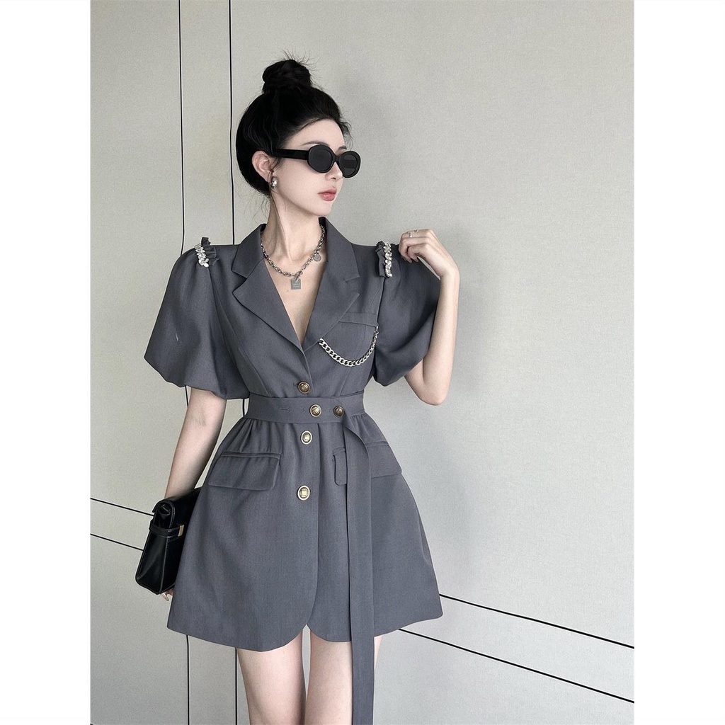 French imperial sister Fan temperament bubble sleeve advanced sense skirt summer bare back loose waist suit dress women's dress