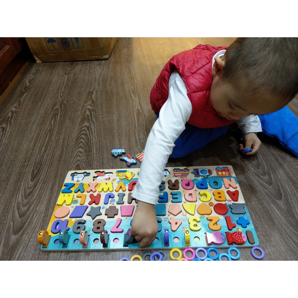Bộ đồ chơi gỗ 6 in 1 giúp bé học chữ cái, số đếm, ghép hình đồ chơi phương tiền giao thông kèm thả vòng câu cá cho bé