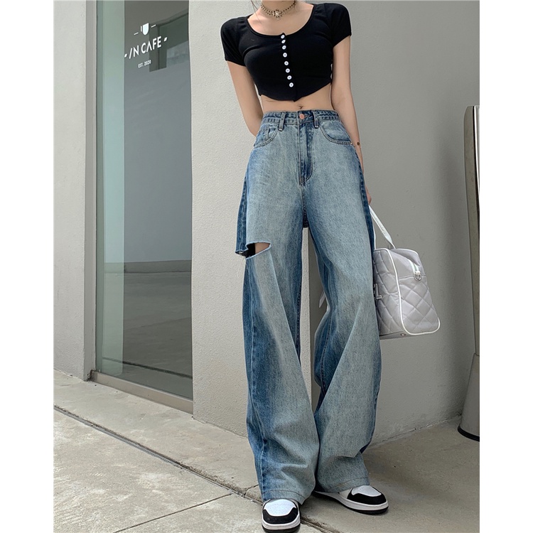 QKOOLE Quần jeans dài  lưng cao ống rộng thời trang Hàn Quốc dành cho nữ