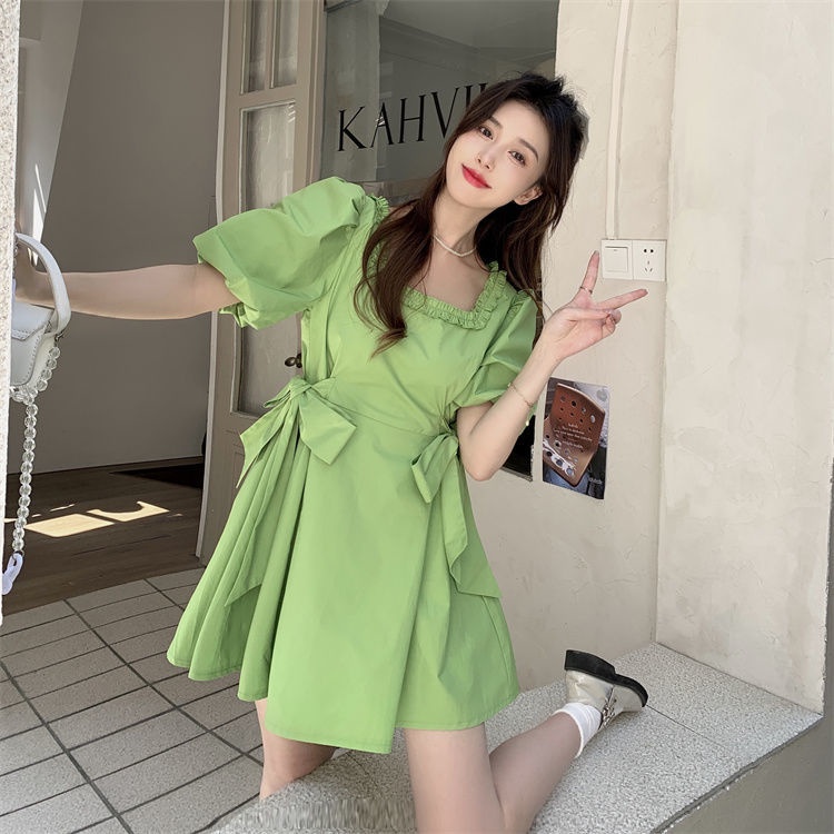 Đầm Tay Ngắn Cổ Vuông Dáng Rộng Thắt Nơ Phong Cách Hàn Quốc Thời Trang Cho Nữ