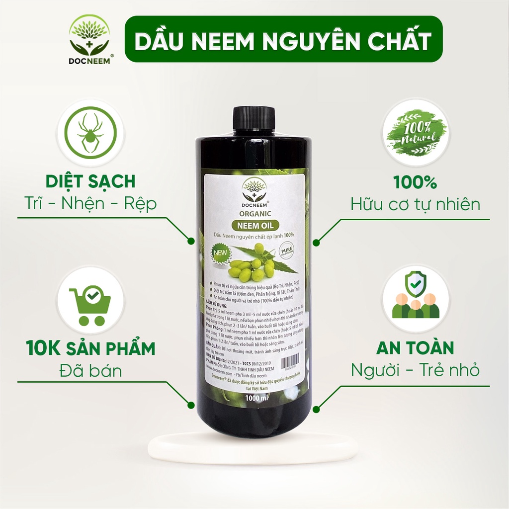 Dầu neem oil DOCNEEM hữu cơ phòng trị sâu bệnh hoa hồng, phong lan, cây cảnh, nguyên chất ép lạnh, hàng chính hãng 1 lít