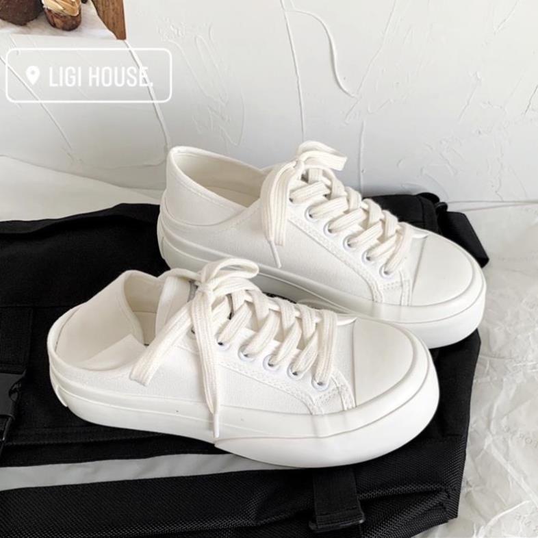 Giày sneaker đạp gót đế bánh mì, Giày thể thao nữ màu trắng giẫm gót basic đế 3,5P -HV&x