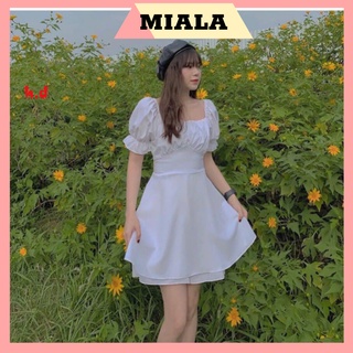 Váy babydoll cổ vuông và trễ vai tầng xếp ly thắt nơ sau tay bồng đen, trắng ulzzang dáng xoè. MIALA