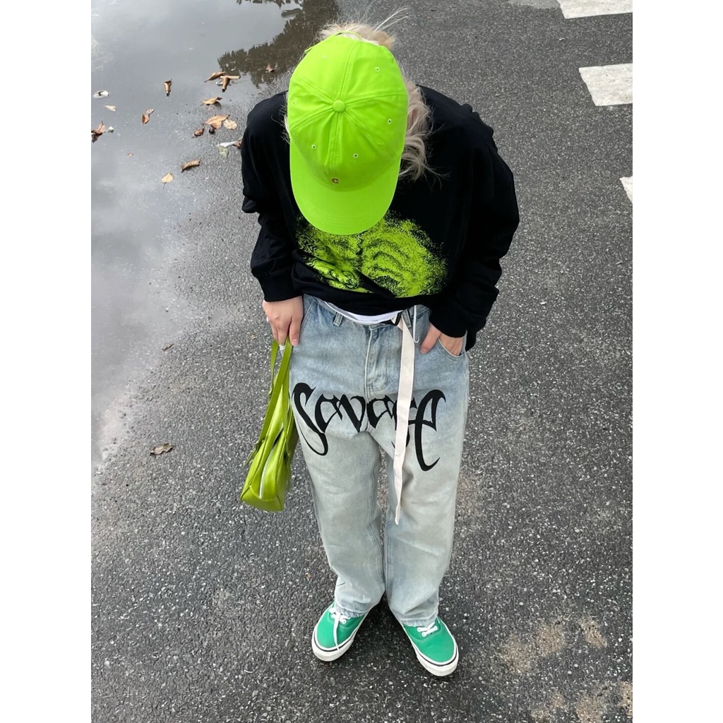 Quần bò jeans ống suông rộng in chữ kèm thắt lưng unisex nam nữ hip hop đường phố Châu Âu