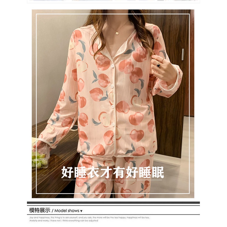 Set Đồ Ngủ Dài Tay In Họa Tiết Trái Đào Thời Trang Mùa Thu Mới Cho Nữ