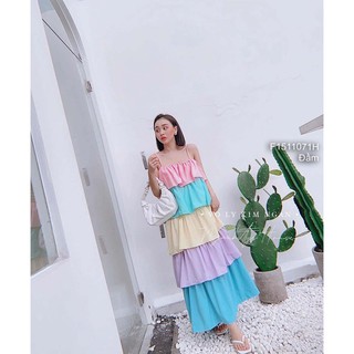 Đầm maxi bèo tầng phối màu dáng suông 2 dây!