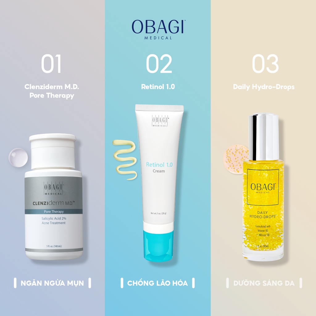 Combo 3 tác động: Tẩy tế bào chết BHA Obagi Pore Therapy 148ml+Serum Daily Hydro Drops 30ml+Kem dưỡng Retinol 1.0 28g