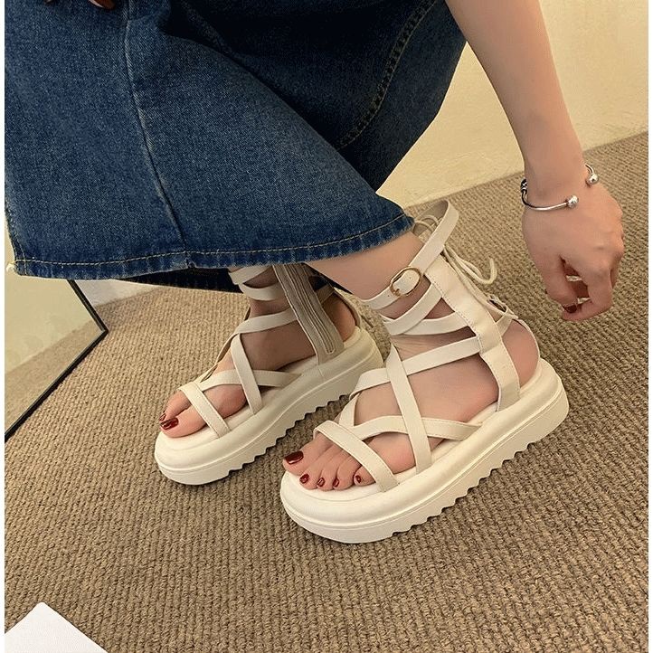 Sandal Đế Dày Thiết Kế Dây Đan Chéo Phong Cách La Mã Thời Trang Mới Cho Nữ
