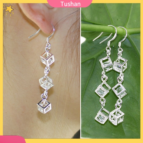 Khuyên tai nữ mạ bạc dáng dài đính khối lập phương xinh xắn