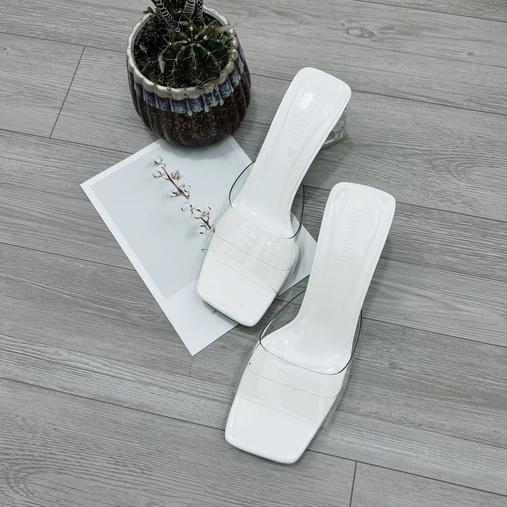 Dép Guốc nữ cao gót quai trong mika da bóng sandal đế tam giác 7cm lên chân siêu xinh HIBEE