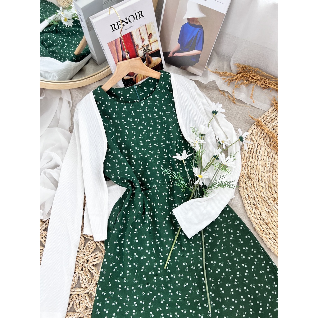 đầm nữ đầm dáng xòe, set midi đầm hoa xanh cổ tròn kèm áo khoác siêu xinh lun chất vải cực chất lịm Diểm Shop | BigBuy360 - bigbuy360.vn
