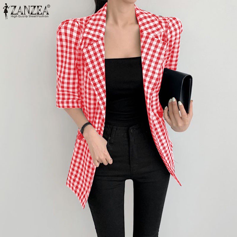 Áo khoác vest ZANZEA tay dài họa tiết sọc caro dạng nút cài thời trang cho nữ | BigBuy360 - bigbuy360.vn