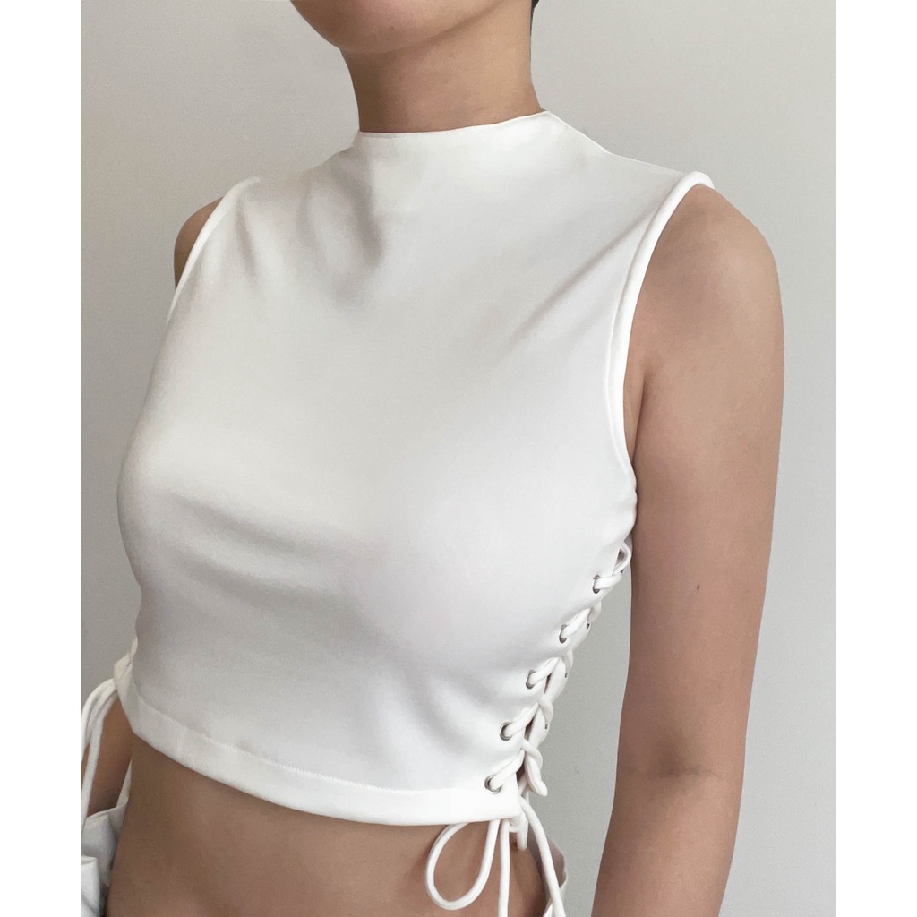 Áo croptop VAGA TOP trắng đan dây, Áo croptop ôm đan dây