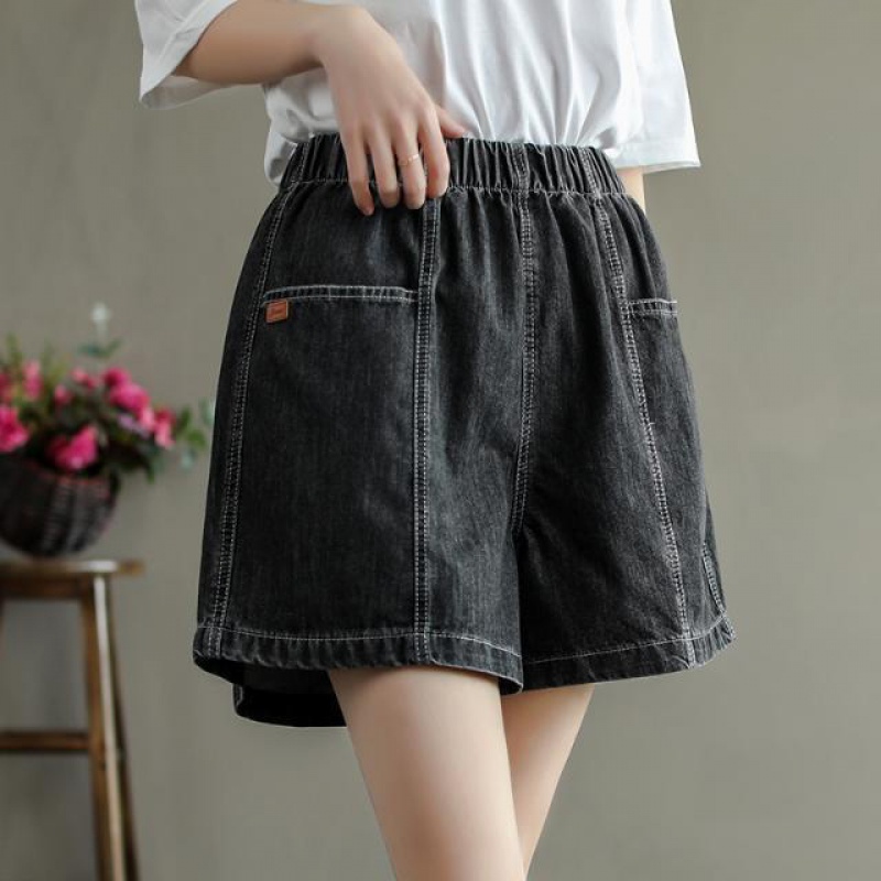 Quần Short Denim Lưng Cao Thêu Họa Tiết Hoạt Hình Cho Nữ
