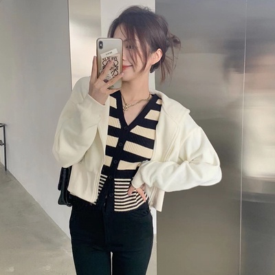 Áo cardigan ZHELIHANGFEI dệt kim dài tay cổ chữ V eo cao kẻ sọc phong cách retro
