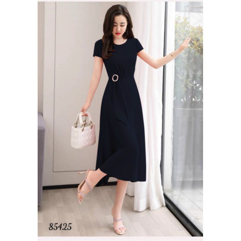 Vú đầm xòe dự tiệc eo thắt nơ phối khoen tròn đính đá sang trọng
