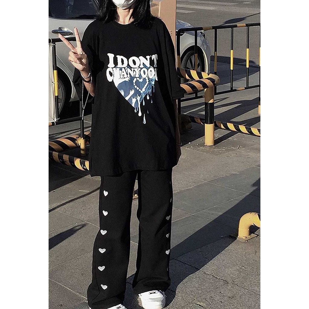 Quần Dài Ống Rộng Lưng Cao In Họa Tiết Trái Tim Phong Cách Hàn Quốc Thời Trang Mùa Xuân Mới Cho Nữ