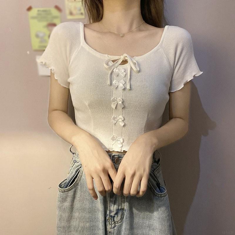 [Mã FAMAYWA giảm 10K đơn 50K] Áo kiểu dệt kim ngắn tay đính nơ phong cách Hàn Quốc xinh xắn thời trang cho nữ | BigBuy360 - bigbuy360.vn