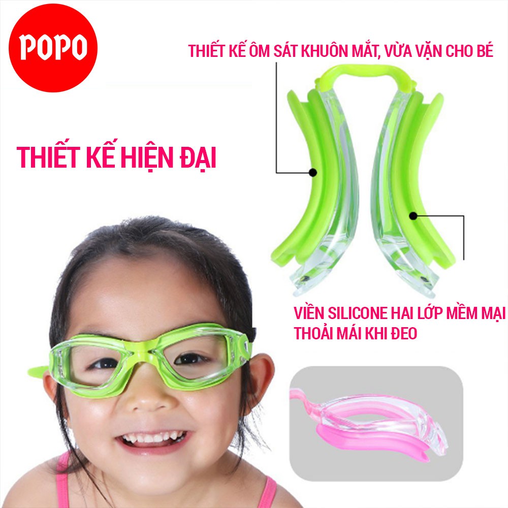 Kính bơi trẻ em, kính bơi cho bé POPO CF026 mắt kính trong chống tia UV, chống sương mờ, dây đeo silicon mềm mại cho bé