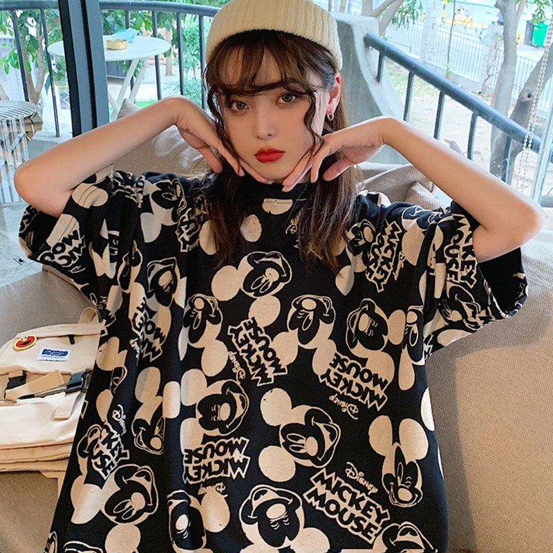 Áo Thun Tay Ngắn Cổ Tròn Dáng Rộng In Hoạt Hình Kiểu Hàn Quốc Dễ Thương Cho Nữ