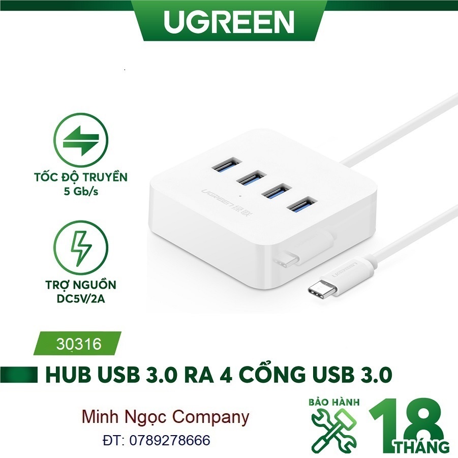 HUB bộ chuyển đổi USB Type-C ra 4 cổng USB 3.0 Ugreen 30316 - Hàng Chính Hãng