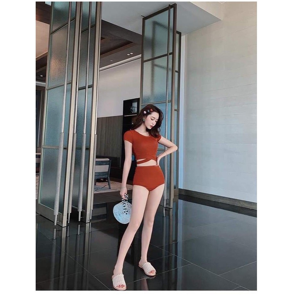 Bikini bộ bơi đồ bơi nữ áo tay lửng nơ ngực quần lưng cao phong cách Hàn Quốc EVA TLHQ