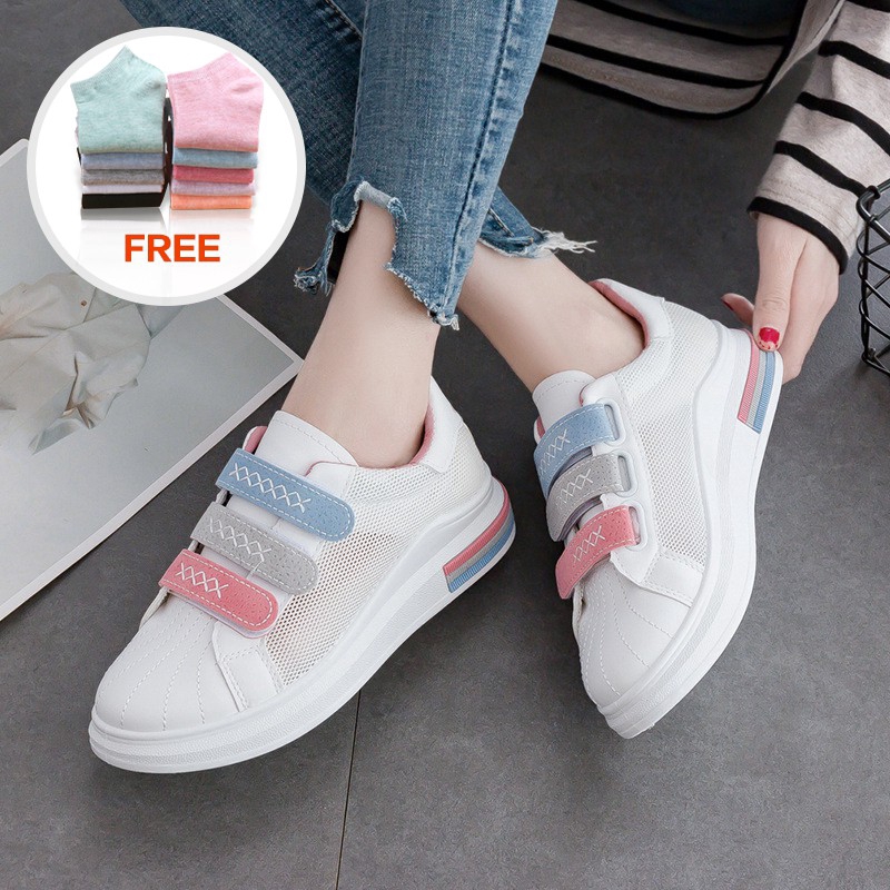 Giày bata đế bằng thiết kế đường viền 3 màu thông thoáng cho nữ