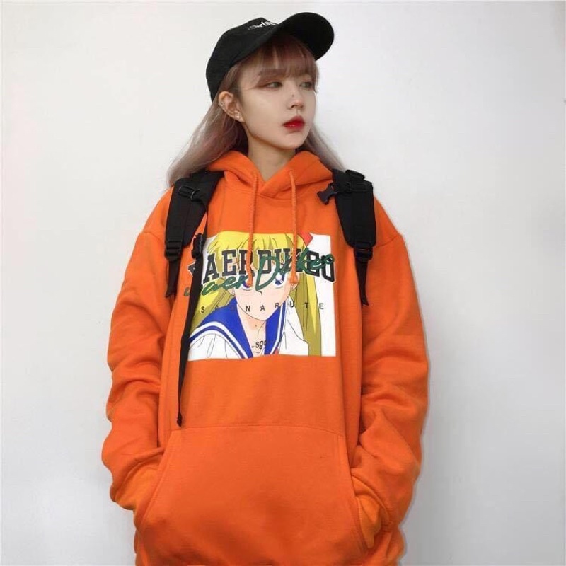 Áo Hoodie Nỉ Bông Cam Cháy Tay Dài Túi Bụng Hoạt Hình