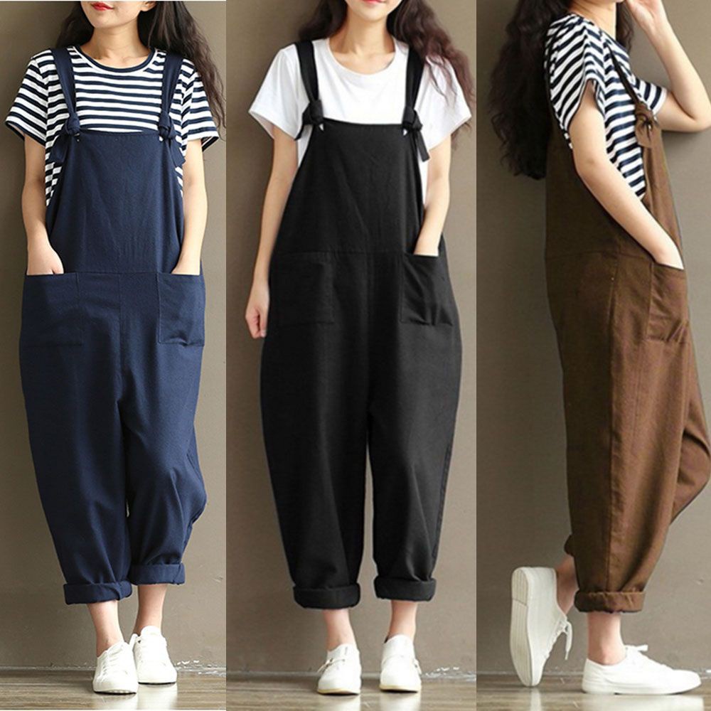 HS Loose Jumpsuit Womens Dungarees Playsuits Plus Size Cotton Linen Casual Overalls Trousers/Multicolor