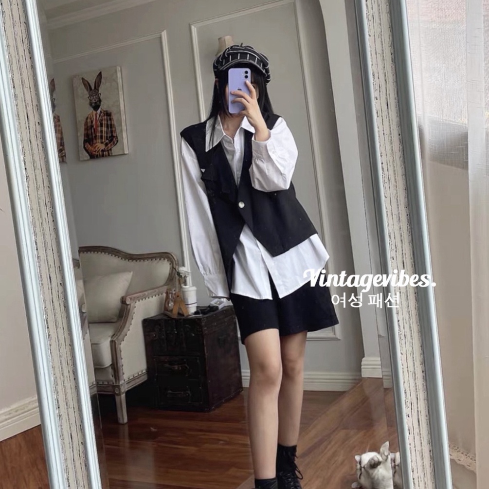 Áo sơ mi dáng rộng kèm gile cài vạt chéo Ulzzang  - Ảnh thật cận chất 1000% - Hàng mới về