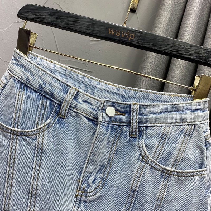 Jiashucheng Quần Culottes Denim Cạp Cao Lệch Tà Giả Hai Mảnh Dáng Chữ a Màu Xanh Nhạt Phong Cách Mới Mùa Xuân Hè @ Rộng