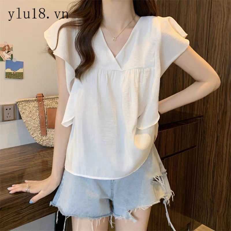Hàng Có Sẵn Áo Sơ Mi Dáng Rộng Cổ Chữ V Tay Bay Thiết Kế Mới Mùa Hè Phong Cách Pháp Cổ Điển Sang Trọng Dành Cho Bạn Nữ