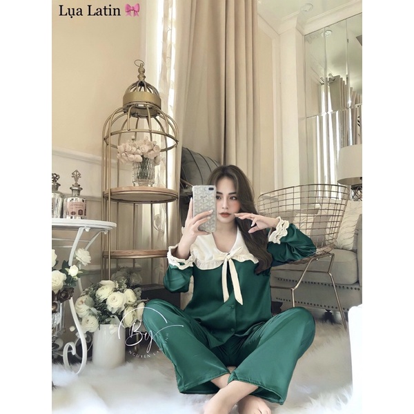 Bộ ngủ nữ lụa Latin cổ bèo nơ đủ màu xinh xắn