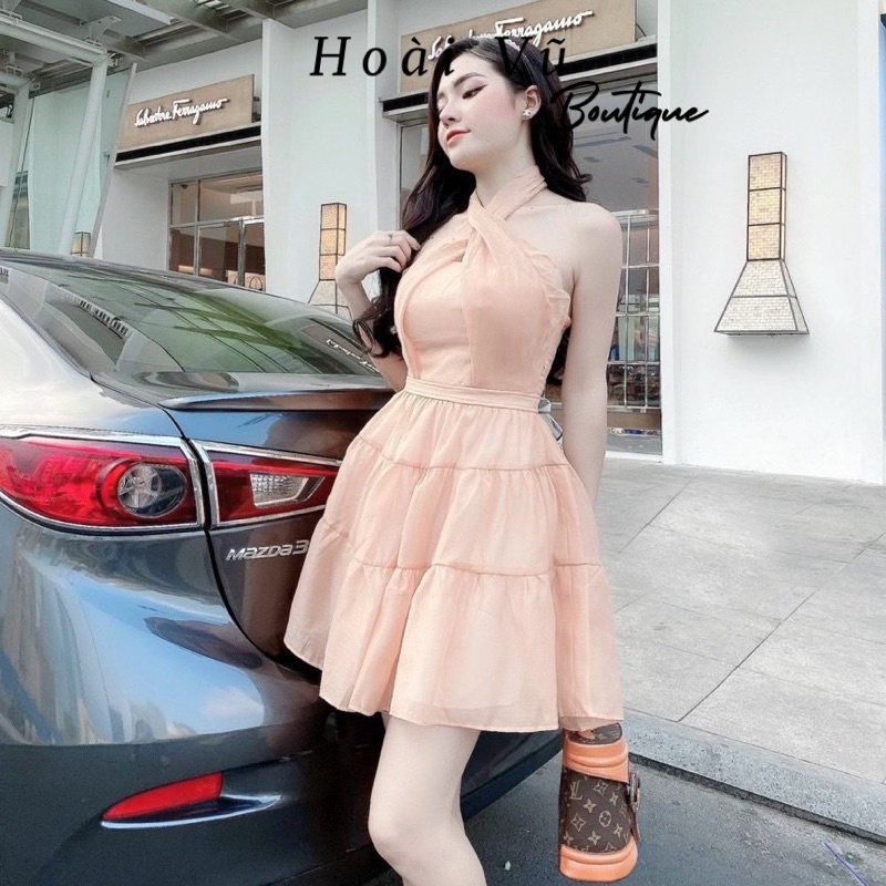 váy tiểu thư dáng xòe hở vai phối cổ chéo siêu tôn dáng