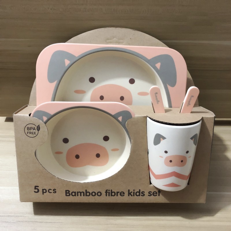 Set Khay Ăn Dặm Cho Bé, 5 món, sợi tre an toàn cho sức khỏe, nhiều họa tiết ngộ nghĩnh