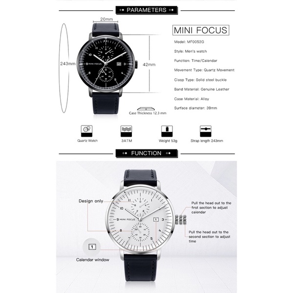 Đồng hồ nam MINI FOCUS MF0052G.01 dây da thật màu đen viền thép không gỉ màu bạc 3 kim hàng chính hãng cao cấp Nhật Bản