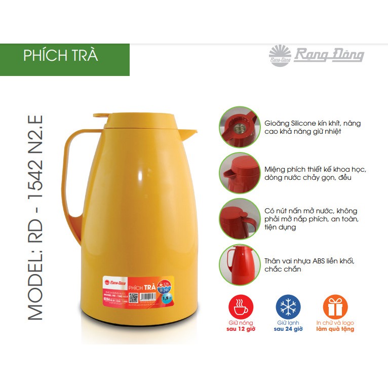 Phích Pha Trà ,Giữ Nhiệt Cao Cấp 1500ml RD-1542 N2.E Rạng Đông
