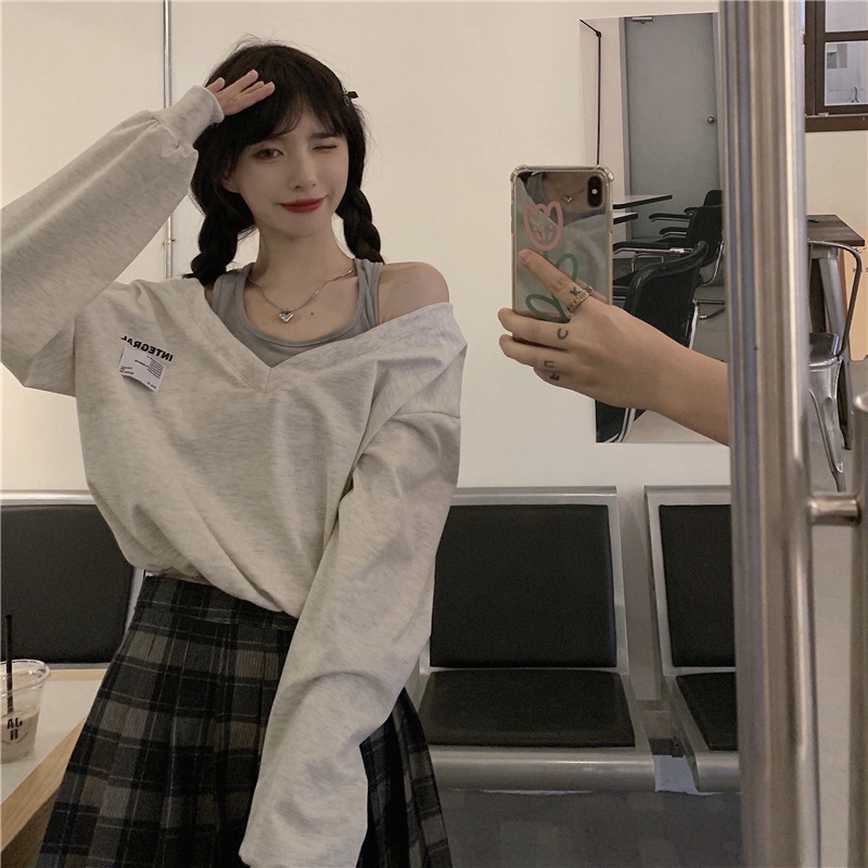 Áo sweater tay dài cổ chữ V dáng ngắn phong cách thời trang Hàn Quốc