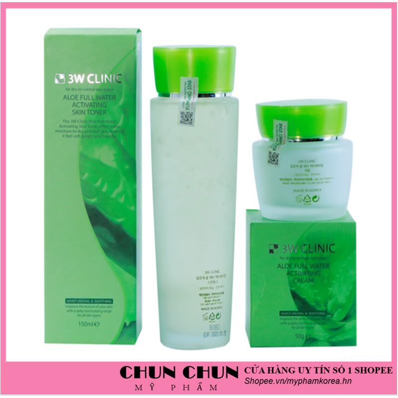 Bộ dưỡng ẩm dưỡng trắng da chiết xuất Lô Hội 3W Clinic Hàn Quốc giúp da mềm mại trắng sáng [Nước Hoa Hồng + Kem Dưỡng]