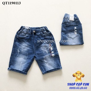 Quần jean lửng cào tưa in chữ cho bé trai từ 20-36kg