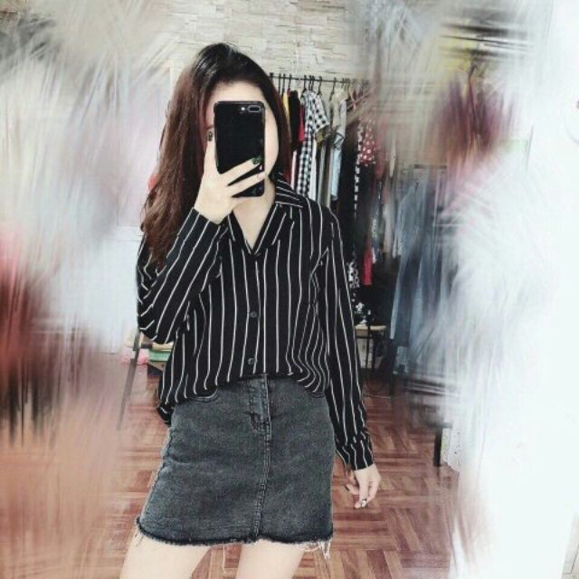 Sơ mi kẻ sọc ảnh thật có 3 màu Đen-Đỏ-Trắng