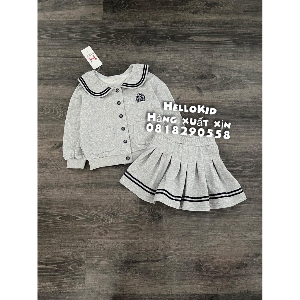 Set váy nỉ da cá viền kẻ minipeace bé gái