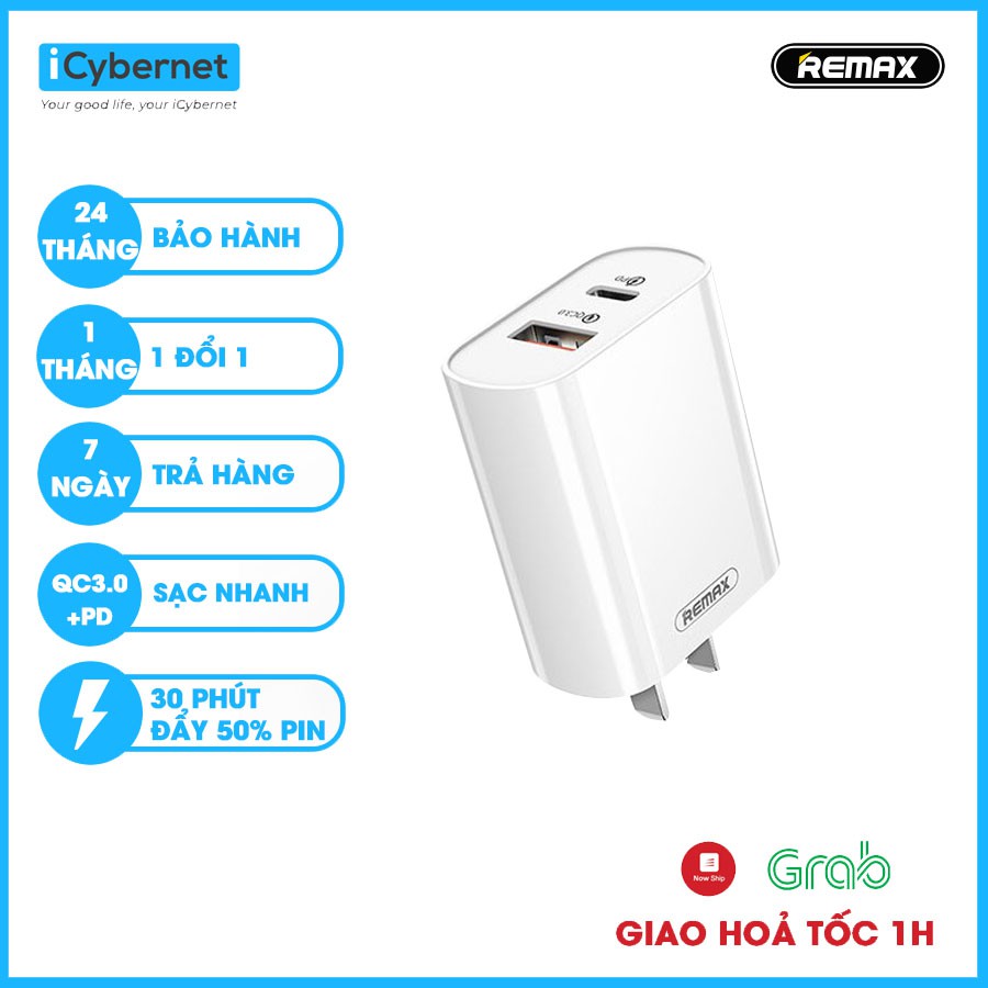 [Sạc Nhanh iPhone XS Max] Củ sạc nhanh 2 cổng PD+QC3.0 18W Remax RP-U37 - Hàng Chính Hãng