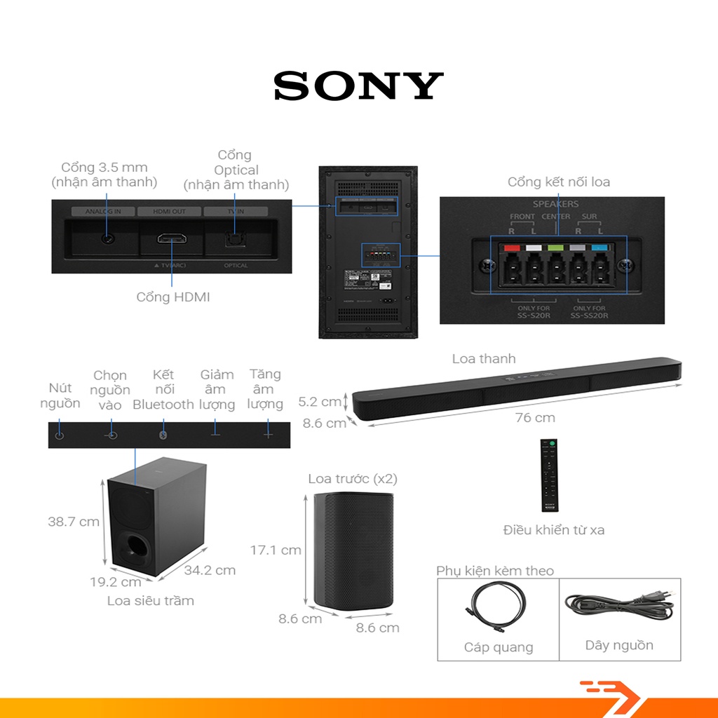 Dàn Âm Thanh Sony 5.1 HT-S20R//C SP1 - Kết Nối Bluetooth/ USB/ HDMI - Bảo Hành Chính Hãng