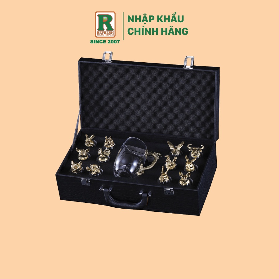 Bộ ly 12 con giáp thủy tinh kèm hộp da 2 khóa mạ vàng, có ly mèo, nhập khẩu chính ngạch