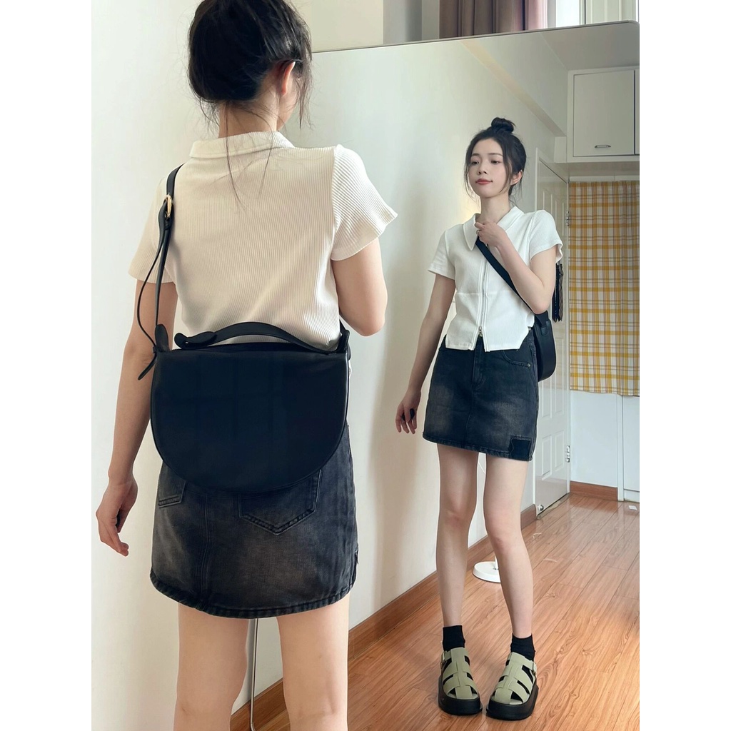 Xiaozhainv Set Áo Cardigan Ngắn Tay Và Chân váy jean Chữ A Lưng Cao Phối Khóa Kéo Thời Trang Mùa Hè